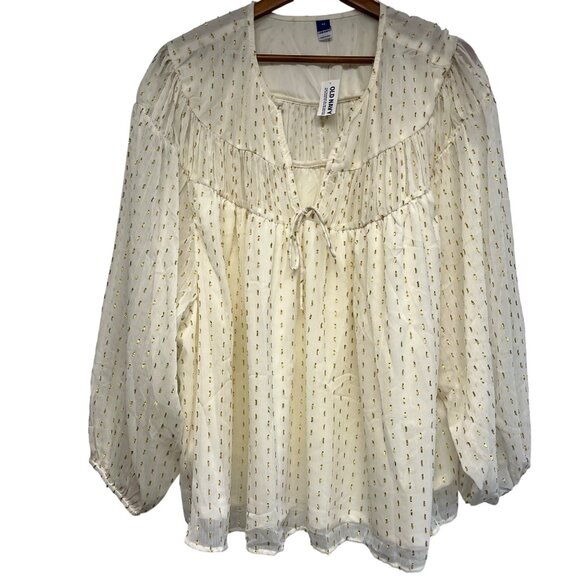 Old Navy Womens Cream & Gold Peasant Blouse Size‎ 4X Long Sleeves V-Neck Lined - Picture 1 of 8